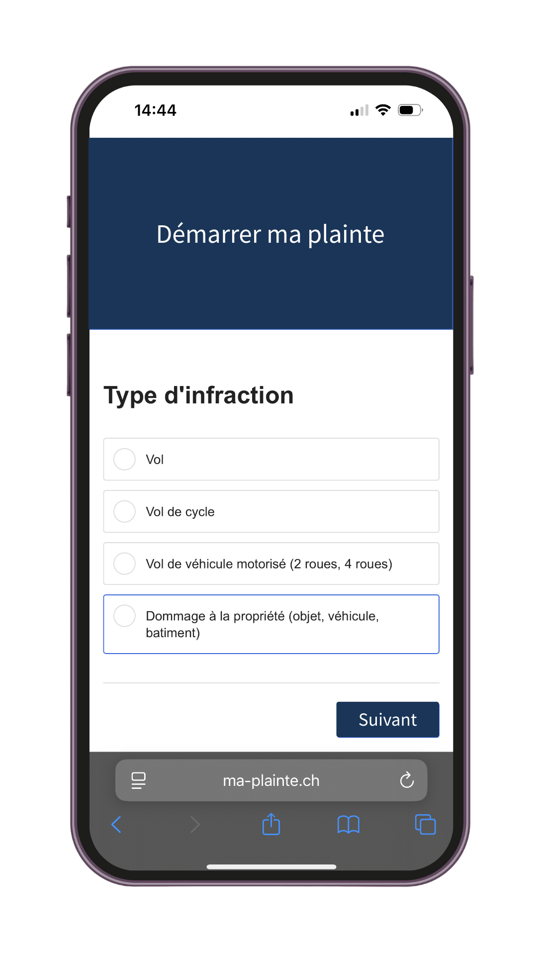 Première page app ma-plainte.ch